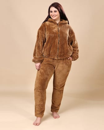 Solid Fur Jacket and Pants Co-ord Set-Golden Brown-L / L / Brown