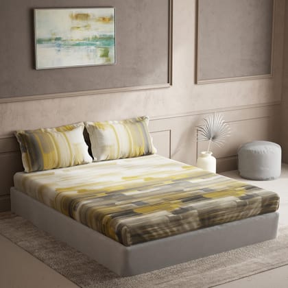 DDECOR - Cherish Collection 100% Cotton Abstract Pattern 150TC Super King |274 CM X 274 CM| with 2 Pillow Covers - Yellow