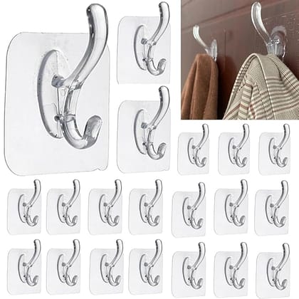 JIALTO 20 Pcs Self Adhesive Wall Hook for Hanging Clothes S Hooks Waterproof Adhesive Sticky Square Hooks | Hanging Capacity 2 KG Max | Multipurpose Home Storage Hook (Transparent Hook 20 Pcs)