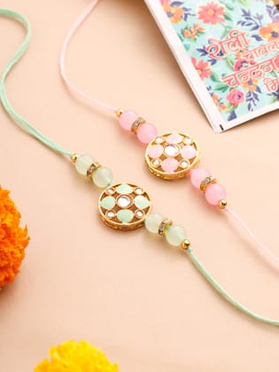 NVR Men Set of 2 Artificial Stones & Beads Floral Design Thread Rakhi with Roli Chawal Chandan & Mishri-One Size / Multicolor