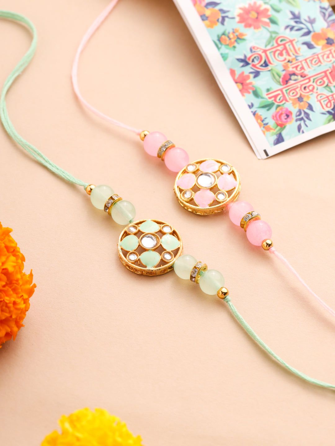 NVR Men Set of 2 Artificial Stones & Beads Floral Design Thread Rakhi with Roli Chawal Chandan & Mishri-One Size / Multicolor