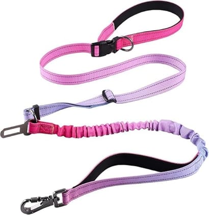 BlingPets Hands Free Dog Leash with Adjustablle Car Seat Belt, Versatile Crossbody Retractable Bungee Leash, Padded Trafic Handle fit for Small, Medium & Large Dogs (Gradual Pink)