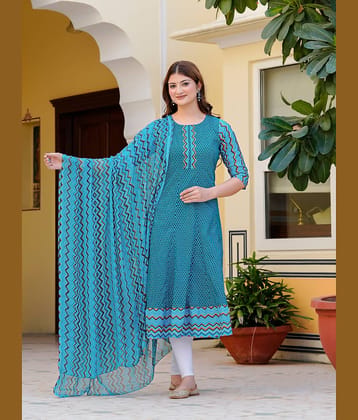 Yash Gallery Women Cotton Printed Anarkali Kurti with Dupatta ( Teal )