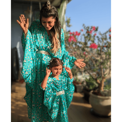 Cotton Flowing Kaftan Dress | Turquoise Jasmine-1-2Y
