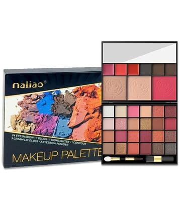 MALIAO Makeup Palette - 24 Eyeshadows, 1 Blush, 1 Highlighter, 3 Cream Lip Glosses, 3 Eyebrow Powders, 1 Contour Powder (01)