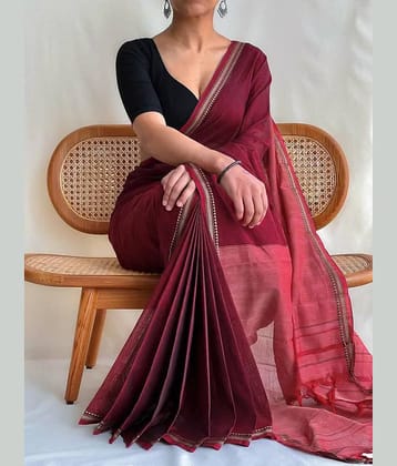 SARADA HANDLOOM Cotton Solid Saree With Unstitched Blouse Piece ( Maroon )