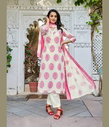 VIBE VISION Cotton Blend Printed Kurti With Pants Women's Stitched Salwar Suit - White ( Pack of 1 )