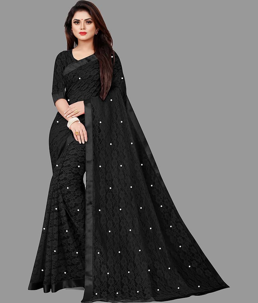 vanraj Net Self Design Saree With Unstitched Blouse Piece ( Black )
