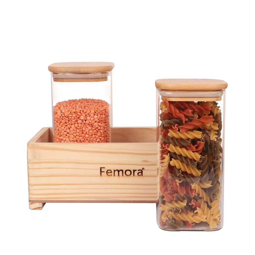 Femora Borosilicate Glass Jar 700 ML, 2 pcs, with Wooden Tray