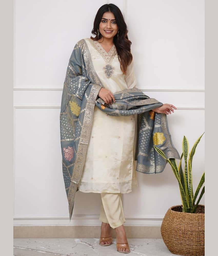 Niza Fashion Viscose Embroidered Kurti With Pants Women's Stitched Salwar Suit - Cream ( Pack of 1 )