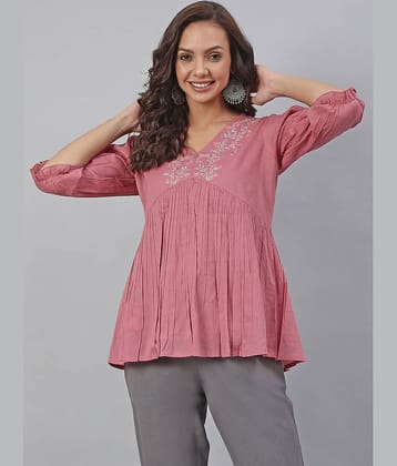 Janasya Women's Cotton A-Line Top ( Pink )