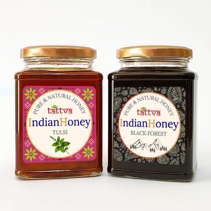 IndianHoneyBlack Forest with Tulsi Honey Combo (Pack of 2) | Pure & Natural | 1kg (500g Each) | Unprocessed & Unfiltered Natural Sweetener