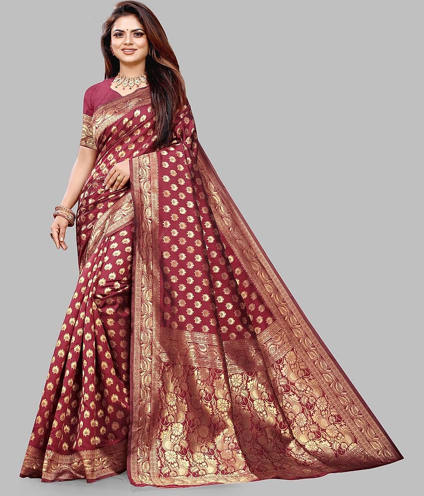 Gazal Fashions Banarasi Silk Embellished Saree With Unstitched Blouse Piece ( Maroon )