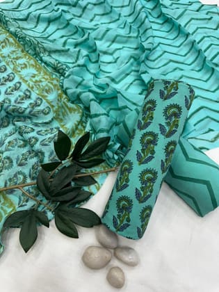 Pure Cotton Unstitched Suit With Chiffon Dupatta-As shown in picture / 2.5 mtr each / Pure cotton with chiffon dupatta