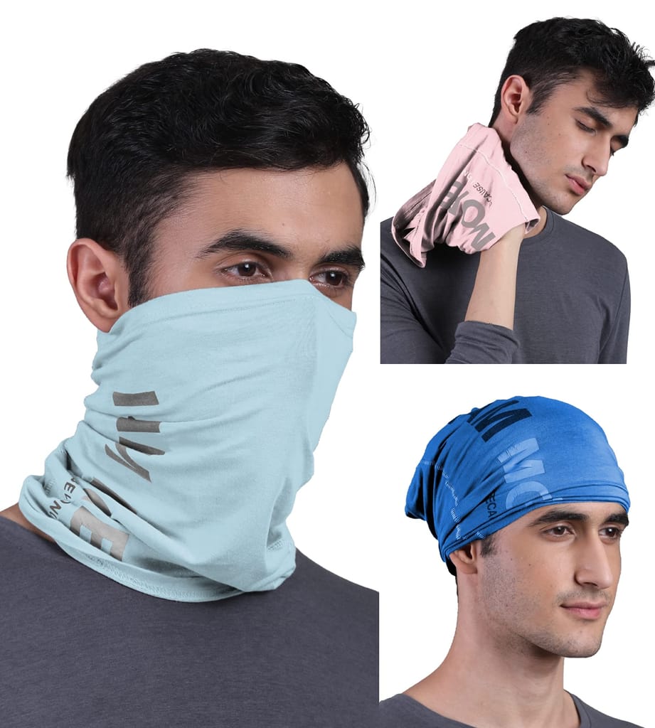 FREECULTR Unisex Bamboo Bandana, Anti Microbial Super Soft & Comfort Fit, Breathable Multipurpose Headband - Printed Pack of 3-Chalk Blue,Pastle Peach,Pilot Blue