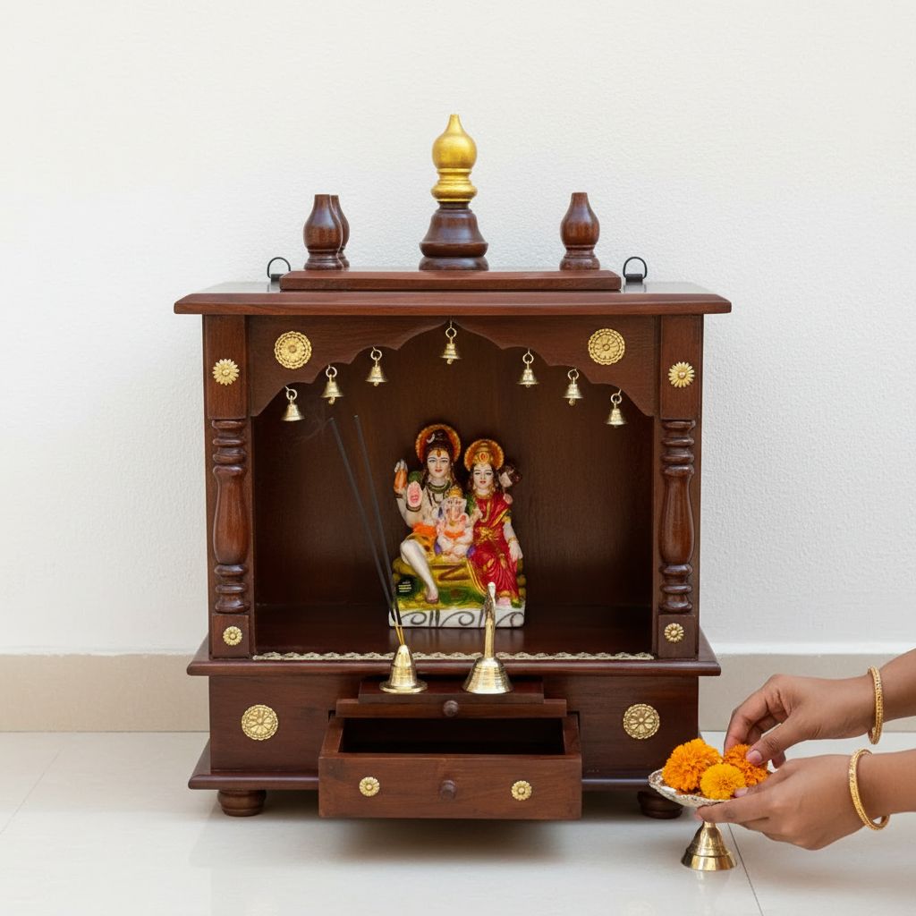 Wooden Beautiful Natural Polished Home Temple-Wall Mount Handicraft Temple, Hindu Religious Pooja Mandir