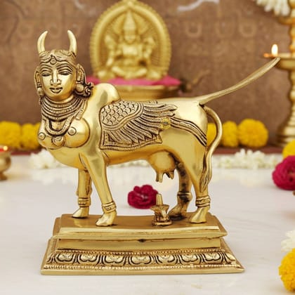 Brass Kamdhenu Cow Idol - Sacred Decorative Statue, Height : 7.5 Inch (BSMAS1498 X)