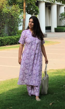 Cotton Handblock Lilac Kurta and Pants-XXS
