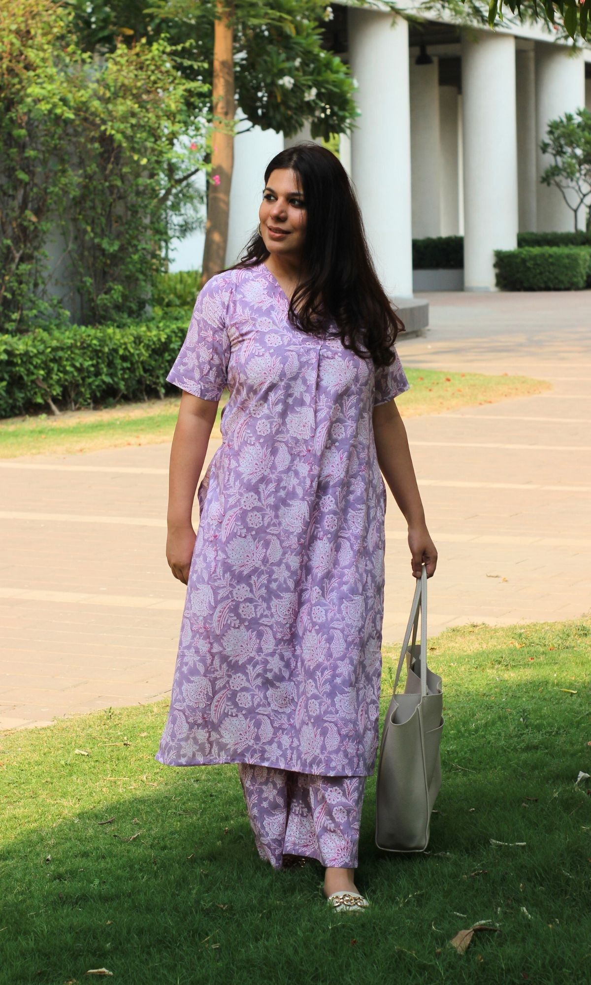 Cotton Handblock Lilac Kurta and Pants-XXS