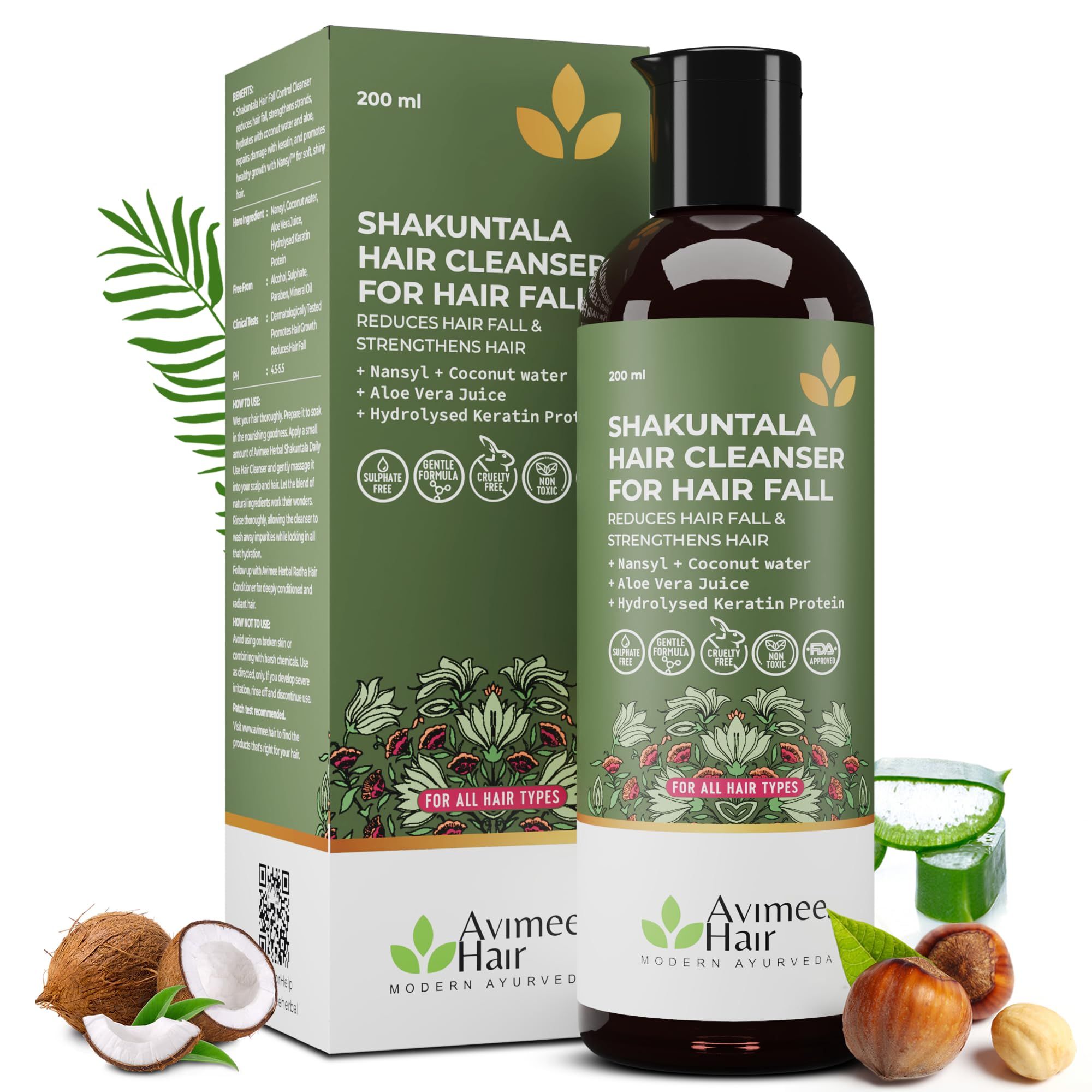 Avimee Herbal Shakuntala Hair Cleanser Shampoo For Hair Fall Control | With Keratin Protein & Nansyl | For Strong and Shiny Hair | Sulphate & Paraben Free For Men and Women | 200 mL Avimee Herbal Shakuntala Hair Cleanser Shampoo For Hair Fall Control | W
