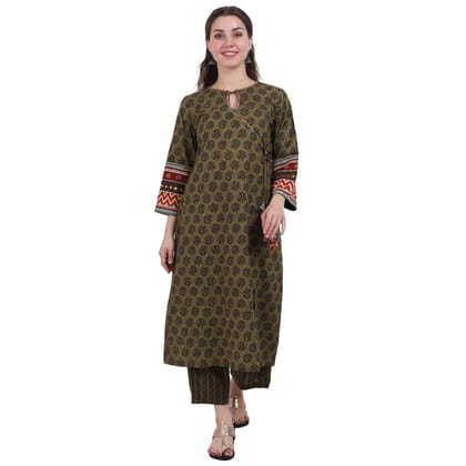 Olive Green Block Printed agarkha Kurta Set-XS