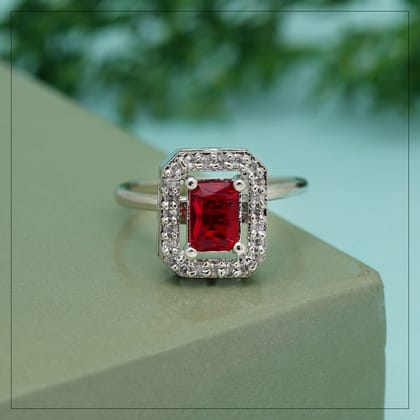 Red Color American Diamond Finger Ring (ADR592RED)-Ring_Size_Adjustabl / Red / Brass With Good Quality Silver Plated