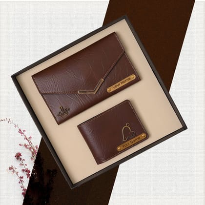 Personalised Ladies Clutch + Men's Wallet Combo Brown