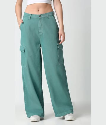 HJ HASASI - Sea Green Cotton Wide Leg Women's Jeans ( Pack of 1 )