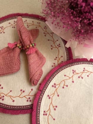 KRI India Bloom Cherry Blossoms Table Placemats Set|Set of 2 | Off-White  | 15 inches | Wash & Care | 100% Cotton | Handcrafted in India. 100% organic & natural.