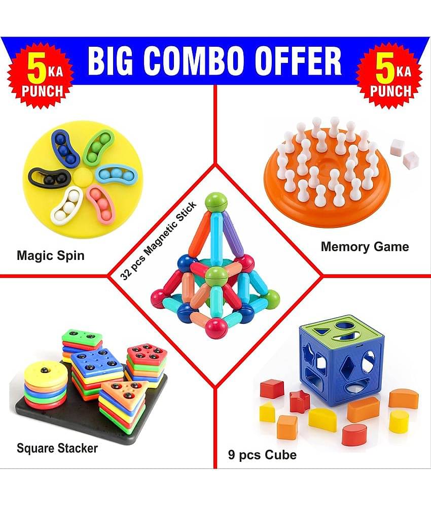RAINBOW RIDERS Big Combo (32 pcs Magnetic Stick + Mind Game +  Magic Spin + Square Stacker + 9 pcs Cube) Baby Activity Toys For Boys Girls 3,4,5,6+ years