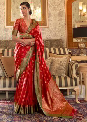 Rich Red Woven Banarasi Tussar Silk Saree With Brocade Blouse
