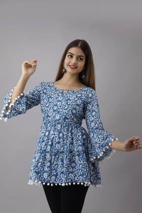 Casual Bell Sleeves Printed Women Light Blue Top