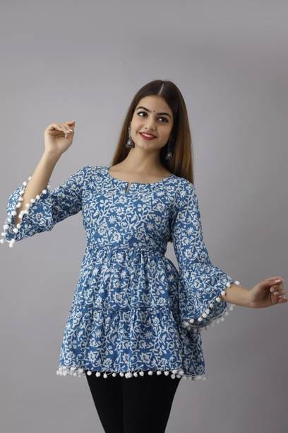 Casual Bell Sleeves Printed Women Light Blue Top