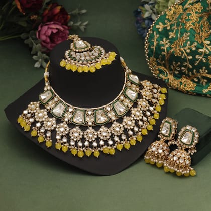 Yellow Color Kundan Necklace Set (KN1413YLW)-Adjustable Rope / Yellow / Alloy With Good Quality Gold Plated