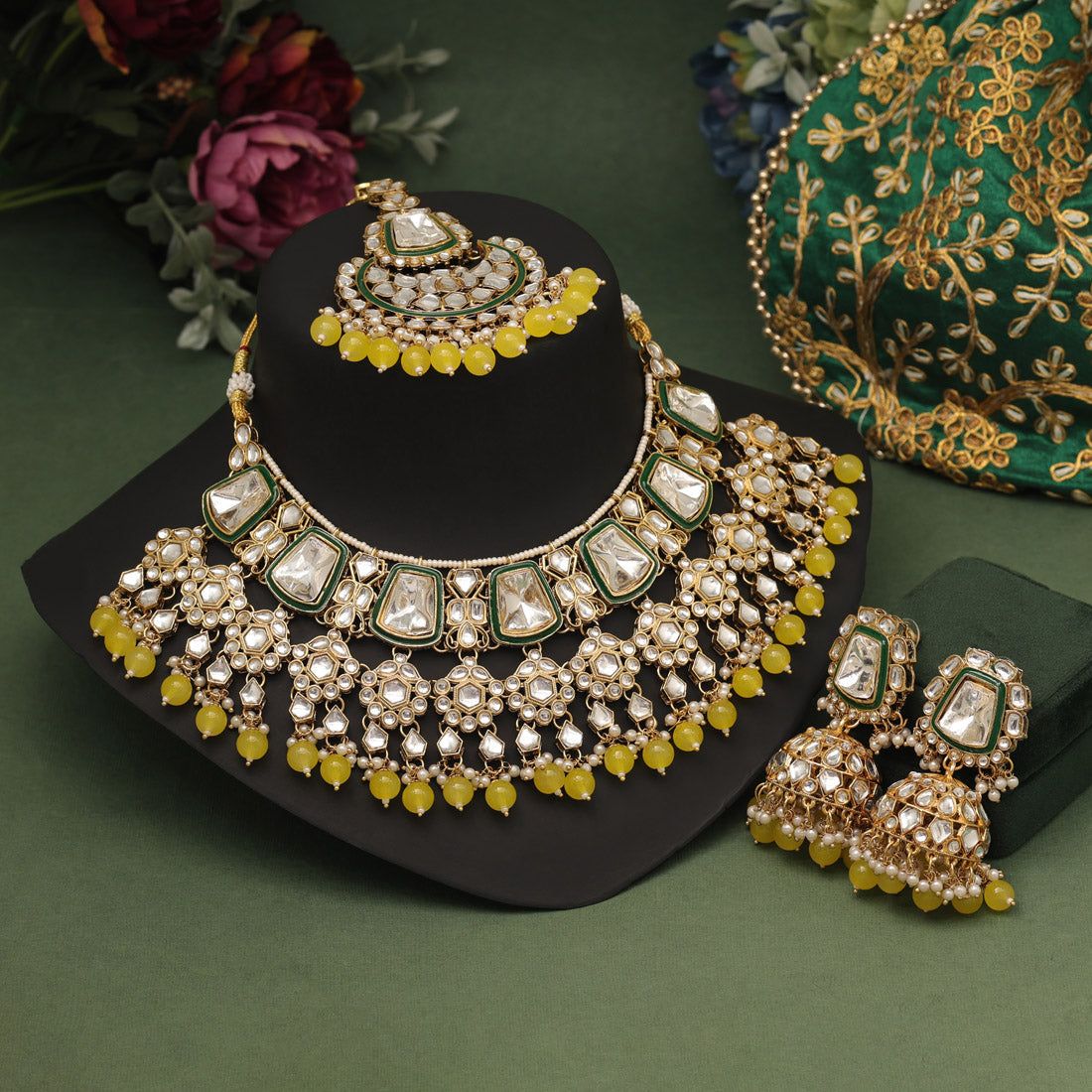 Yellow Color Kundan Necklace Set (KN1413YLW)-Adjustable Rope / Yellow / Alloy With Good Quality Gold Plated