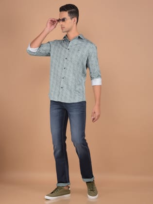 Green Printed 100% Cotton Shirt-M / Green