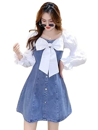 MF Women A-Line Denim Midi Dress | Solid Long Sleeve Casual & Party Wear Dress for Women & Girls