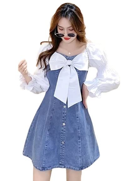 MF Women A-Line Denim Midi Dress | Solid Long Sleeve Casual & Party Wear Dress for Women & Girls