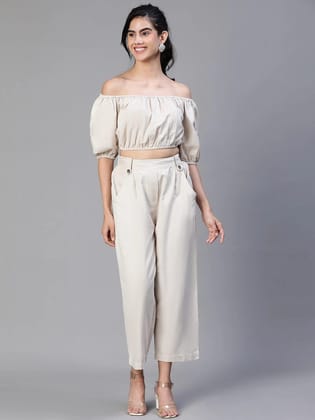 Solid Beige Cold Shoulder Top And Elasticated Pant Co-Ords-L