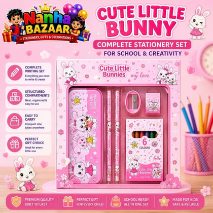 Nanha Bazaar Cute Little Bunny Stationery Set for Girls Pencil Case, Pencils, Ruler, Sharpener, Eraser & Crayon, Return Gift Set for Girls