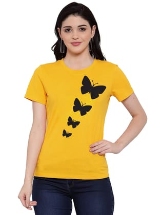 Women's Cotton Blend Butterflies Printed T-Shirt XL (Yellow)