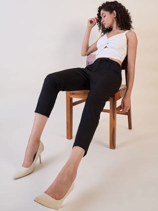 Black Pleated High Waist Above Ankle length Trouser-XS