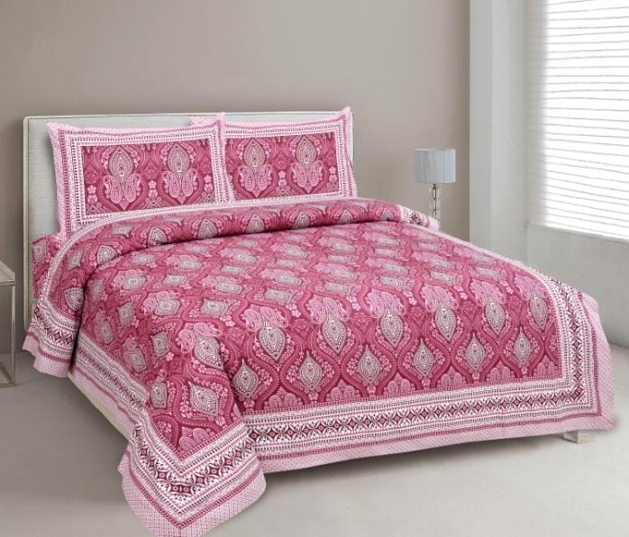 3001-Hometrade India-Standard King Size (90*108 Inches)-Pure Cotton Jaipuri Double Bedsheet With Matching Pillow Cover