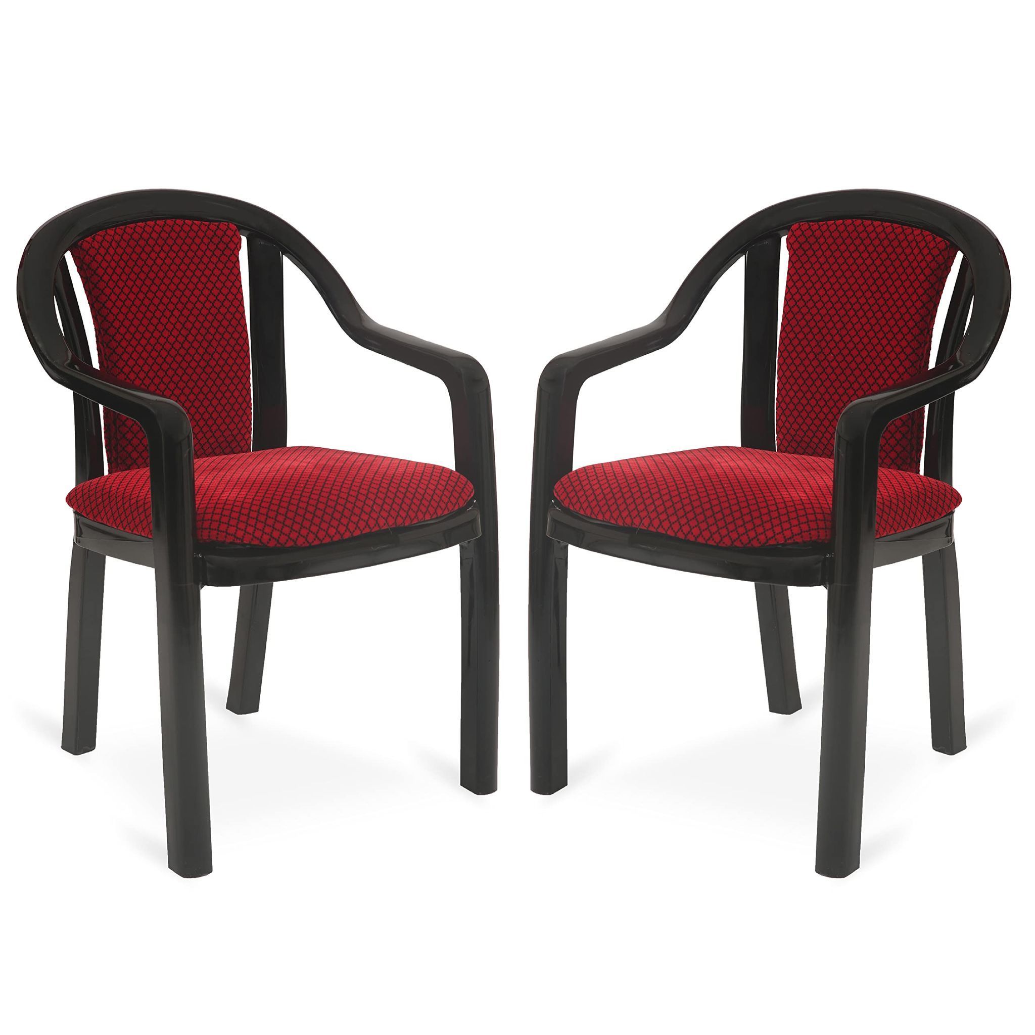 Supreme Furniture Ornate Plastic Cushion Chair with-Arm Suitable for Home, Garden, Office, Living Room, Cafeteria, Restaurant, Hotel, Resort and Indoor(Set of 2, Black-Red)