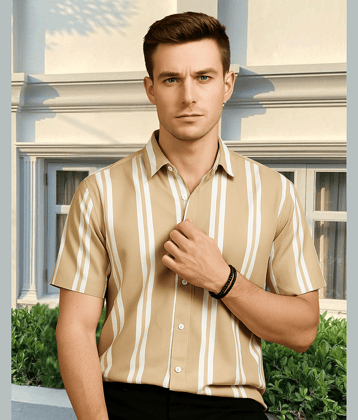 Rigo Rayon Regular Fit Striped Half Sleeves Men's Casual Shirt - Beige ( Pack of 1 )