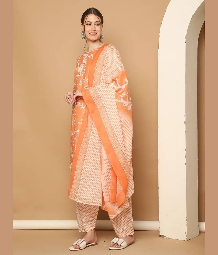 Rajnandini Women Cotton Blend Printed Straight Kurti With Patiala Salwar ( Orange )