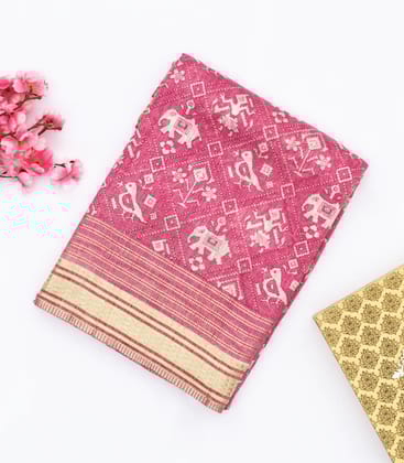 Bubble-gum Pink Handloom Tussar Silk Saree Printed With Animal Motifs-Bubblegum Pink