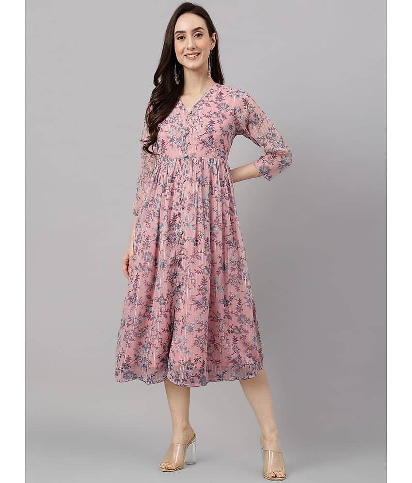 Janasya Women Chiffon Printed Fit & Flare Dress ( Pink )