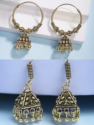 NVR Women's Set of 2 Traditional Gold Plated Oxidized Jhumka Earrings-One Size / Gold / German Silver
