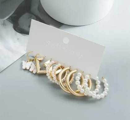 Multi Pair Gold Plated Pearl Hoop Earring Set